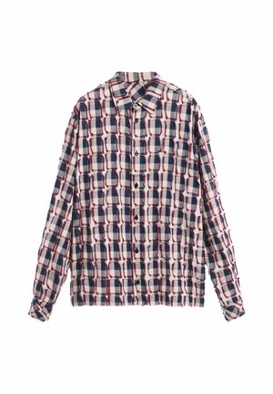 Košeľa na gombíky vyrobená zo tkaniny s károvaným vzorom v námorníckej modrej, červenej a krémovej farbe. Dlhé rukávy s manžetami na gombíky a golier.
