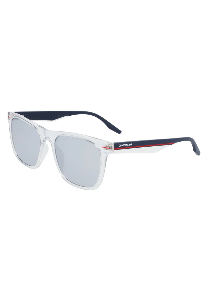 Occhiali da sole in plastica trasparente con lenti grigie. Caratterizzati da aste blu navy e accenti rossi. Forma quadrata con un design minimalista. Nome del marchio sull'asta.