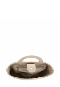 Sac à main en cuir beige à la forme structurée, avec poignées supérieures et fermeture à bouton-pression. L'intérieur comprend une poche zippée et une doublure douce.