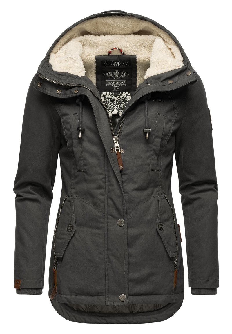 Dark gray parka with a faux fur lining, drawstring hood, multiple pockets, and zip and snap closures. Features leather accents and textured fabric.