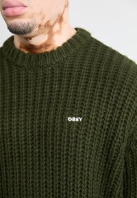 Πράσινη πλεκτή μπλούζα με ραβδωτή υφή και στρογγυλή λαιμόκοψη, με μικρό λευκό λογότυπο "OBEY" μπροστά.