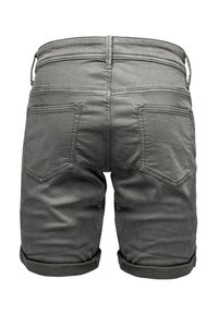 Gray denim shorts with rolled cuffs, featuring two back pockets and a smooth texture, designed with belt loops at the waist.