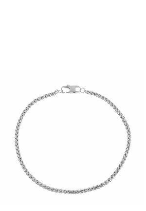 Bracciale in argento con design intrecciato e chiusura a gancio. La superficie è liscia con anelli intrecciati.
