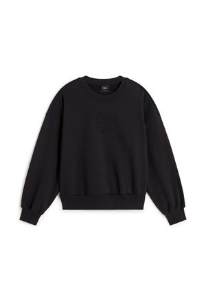 Black sweatshirt in soft fabric with a ribbed crew neck, balloon sleeves, and subtle embossed logo detail on the front.