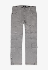 Pantalon cargo gris en coton avec plusieurs poches, un ourlet zippé et des détails de couture visibles. Coupe moderne avec une coupe droite.