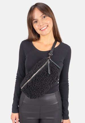 Sac noir texturé avec un extérieur moelleux, fermeture éclair argentée et bandoulière ajustable. Présente des accents en cuir et une forme rectangulaire.