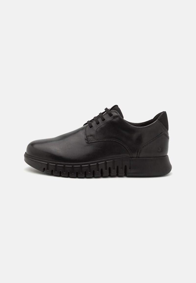 Black leather shoes with a smooth finish, lace-up design, cushioned sole, and textured black rubber outsole for enhanced grip.