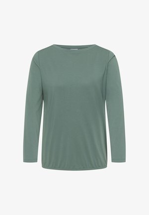 Zielona koszula z długim rękawem, wykonana z miękkiego materiału, z okrągłym dekoltem. Posiada luźny krój i dyskretne przeszycia wzdłuż dołu i rękawów.