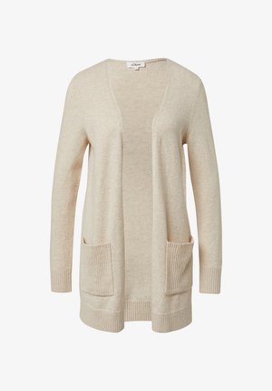 Hellbeige Strickjacke mit langen Ärmeln, offenem Vorderteil, gerippten Bündchen und Saum sowie zwei aufgesetzten Fronttaschen.