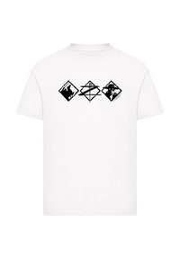 White cotton t-shirt featuring three black graphic designs in diamond shapes across the chest, depicting stylized silhouettes.