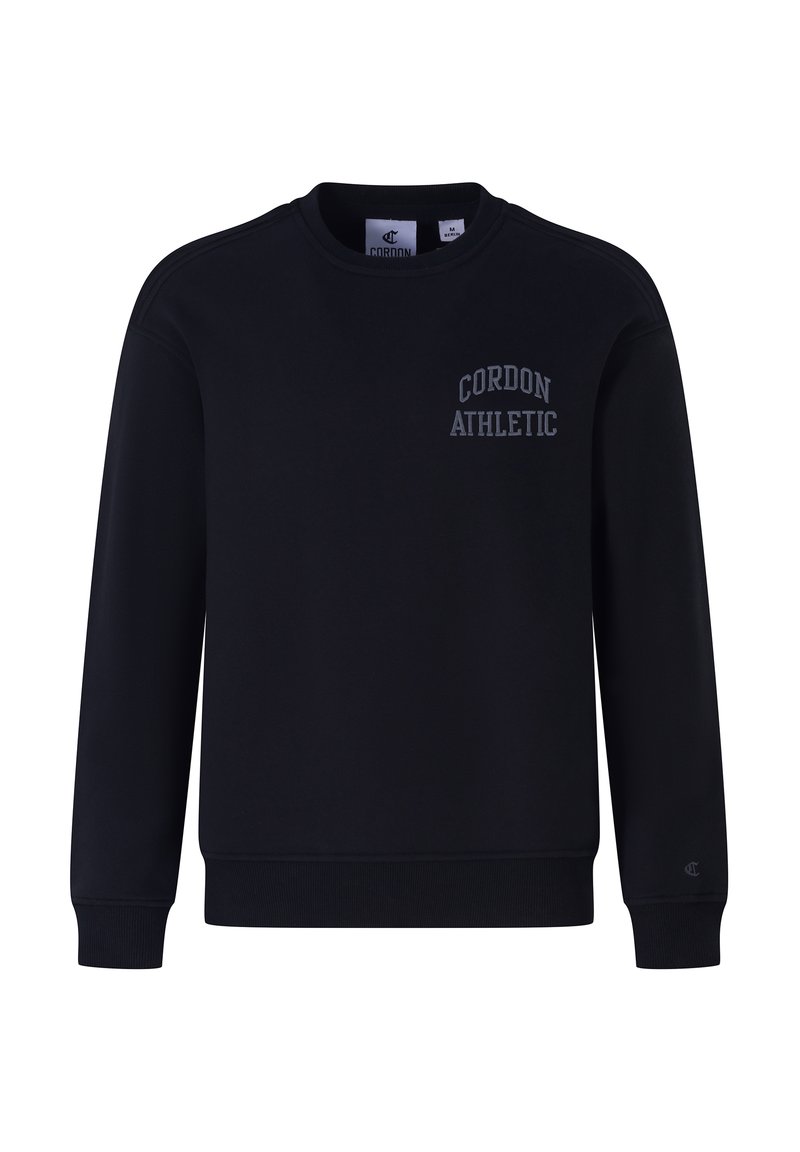 Schwarzer Sweatshirt aus Baumwollmischung, mit Rundhalsausschnitt und gerippten Bündchen. "CORDON ATHLETIC" ist in Grau auf der Vorderseite aufgedruckt.