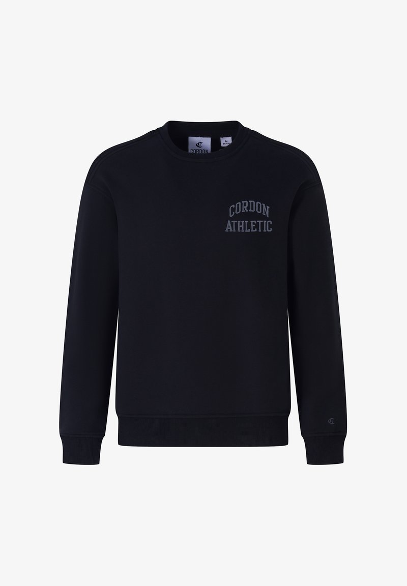Black sweatshirt made of cotton blend, featuring a crew neck and ribbed cuffs. "CORDON ATHLETIC" is printed in gray on the front.