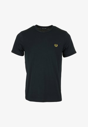 Maglietta nera in cotone con collo rotondo e maniche corte. Presenta un piccolo logo d'alloro dorato sulla parte sinistra del petto. Texture liscia.