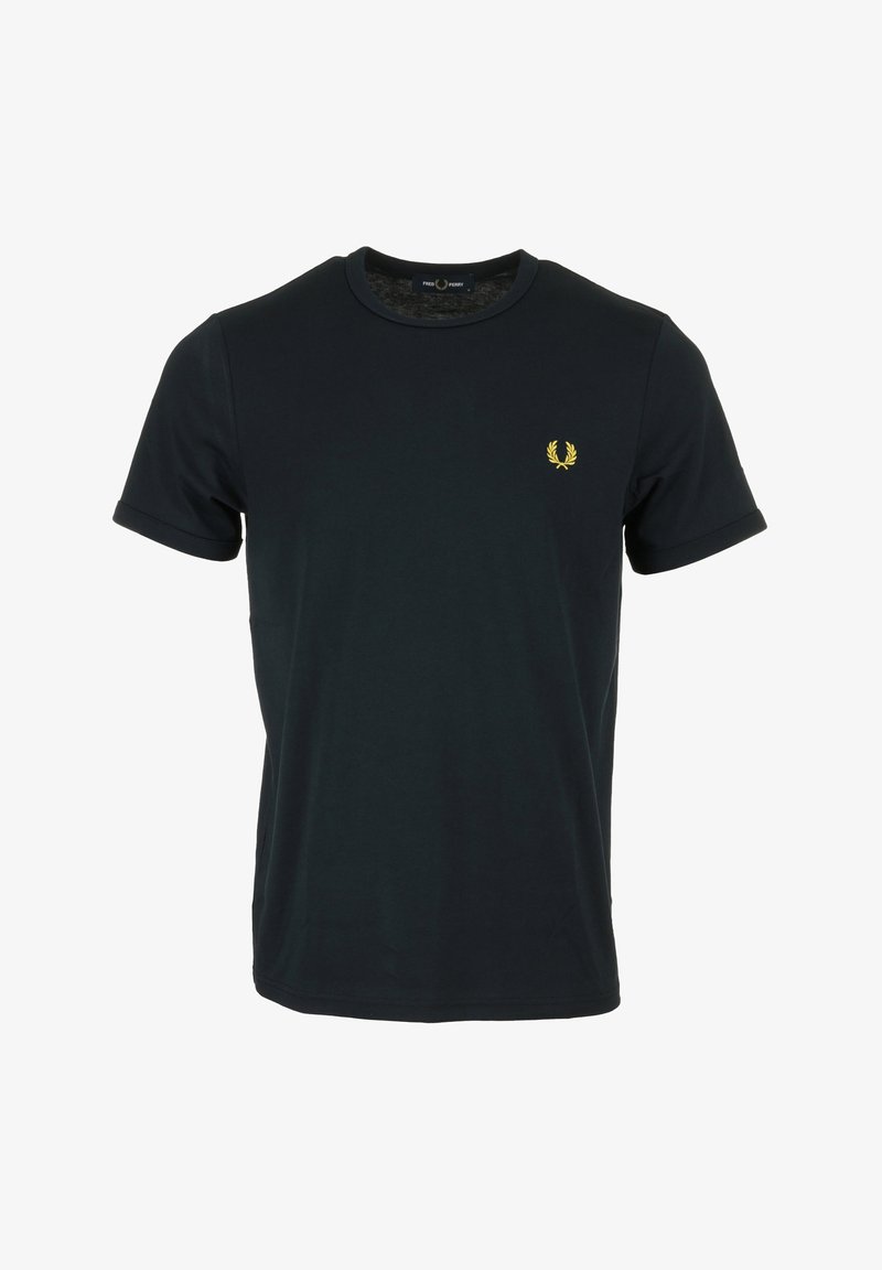 Maglietta nera in cotone con collo rotondo e maniche corte. Presenta un piccolo logo d'alloro dorato sulla parte sinistra del petto. Texture liscia.
