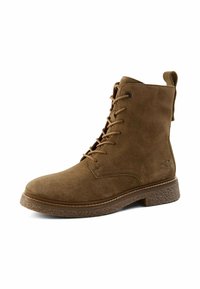 Brauner Wildleder-Stiefelette mit runder Spitze, vorderer Schnürung und strukturiertem Gummisohlenprofil. Verfügt über eine Zuglasche hinten und dekorative Nähte.