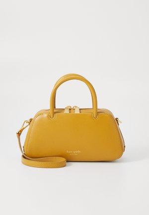Yellow leather handbag with a structured shape, dual handles, and a detachable shoulder strap. Features gold-tone hardware and a zip closure.