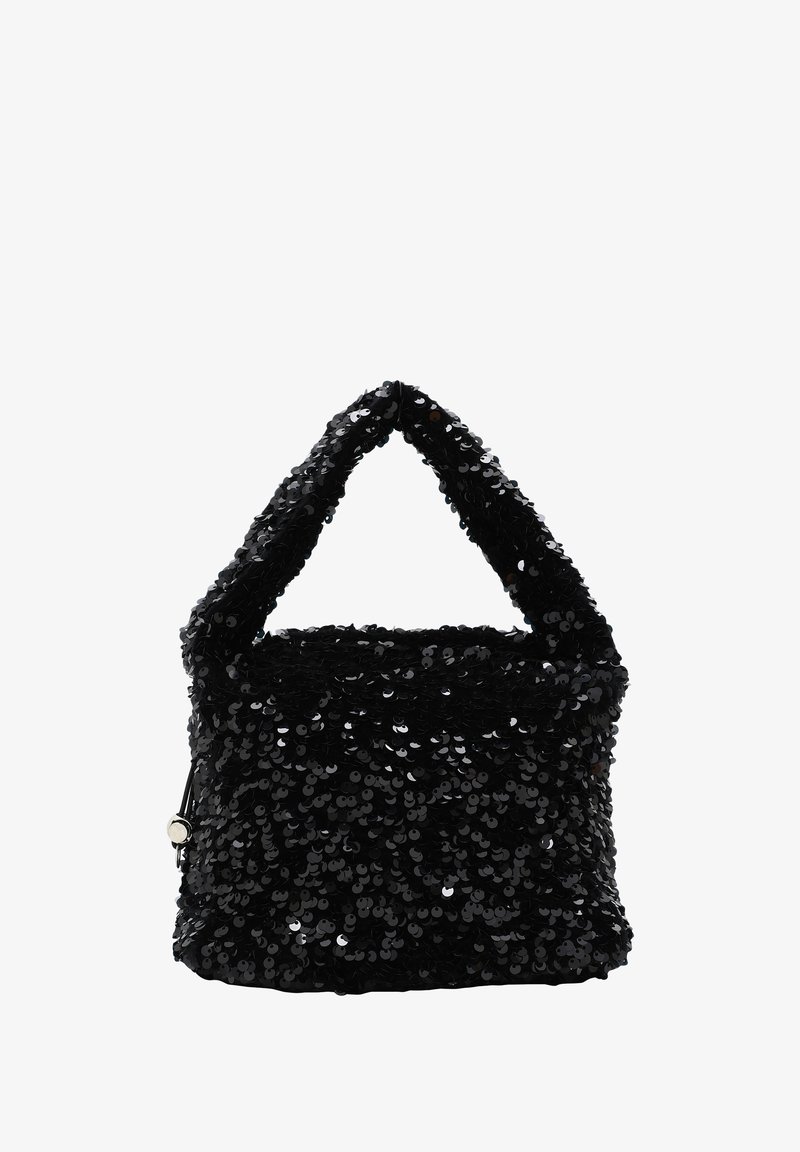 Borsa a tracolla nera in paillettes con superficie testurizzata, manico curvo e chiusura a zip. La borsa ha una forma compatta e una finitura lucida.