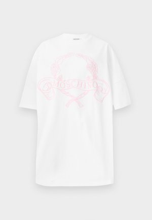 White cotton t-shirt featuring a pink graphic design with a laurel wreath and "MOSCHINO" text centered on the front. Short sleeves, relaxed fit.