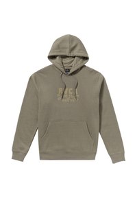 Olijfgroene hoodie gemaakt van zachte stof, met een voorzak, verstelbare trekkoordcapuchon en een gouden logodesign op de borst.