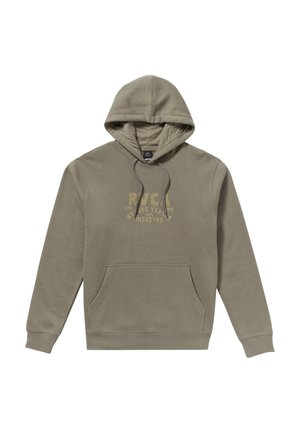 Olijfgroene hoodie gemaakt van zachte stof, met een voorzak, verstelbare trekkoordcapuchon en een gouden logodesign op de borst.