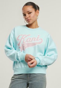 Felpa oversized azzurro chiaro con testo "Kani" rosa e dettaglio a stella. Presenta polsini e orlo a coste, realizzata in morbido tessuto di cotone.