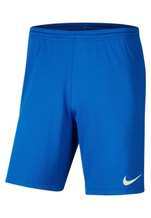 Shorts de sport bleus en mélange de polyester, dotés d'une taille élastique et d'un logo Nike blanc sur le bas à droite.