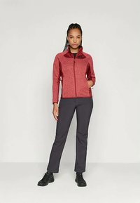 Giacca in pile rossa con chiusura a zip, colletto alto e maniche a contrasto, abbinata a pantaloni scuri e scarpe nere. Texture liscia.