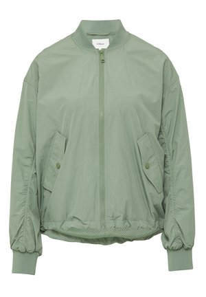 Veste bomber verte claire, avec une fermeture éclair à l'avant, deux poches latérales, des poignets �élastiques et des détails de tissu froncé sur les manches.