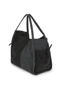 Miękka torba na ramię w ciemnoszarym i czarnym kolorze z podwójnymi uchwytami u góry oraz boczną kieszenią z małym kokardkowym detalem.