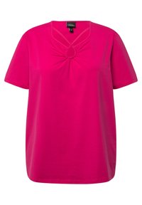 Rosa kortärmad topp med V-ringning och samlad detalj i mitten fram, gjord av ett mjukt tyg, med en avslappnad passform och rak nederkant.