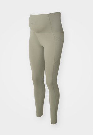 Høytliv leggings i lys olivengrønn, laget av elastisk materiale, med en flat livlinje, sidelomme og glatt tekstur.