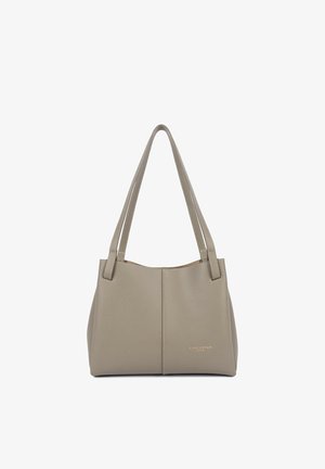 Sac fourre-tout gris texturé avec double anses d'épaule et un logo doré situé sur le bas à l'avant. Matière douce avec une forme structurée.