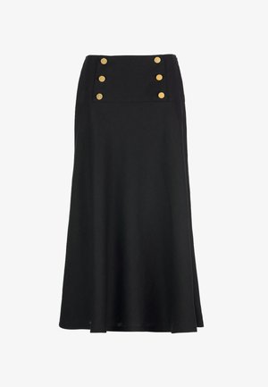 Fustă midi neagră cu talie înaltă și două rânduri a câte trei nasturi aurii pe banda frontală a taliei.