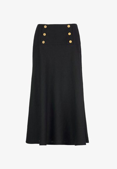 Sort midi-nederdel med høj talje og to rækker af tre guldknapper på frontens taljebånd.