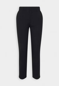 Pantalon slim noir avec passants de ceinture, poches avant et fermeture frontale dissimulée, présenté sur fond blanc.
