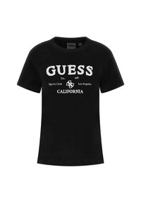 Sort bomulds t-shirt med korte ærmer prydet med hvidt trykt tekst: "GUESS Est. 1981 Sports Club Los Angeles CALIFORNIA."