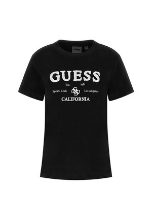 Melna kokvilnas krekls ar īsām piedurknēm, ar baltu drukātu tekstu: "GUESS Est. 1981 Sports Club Los Angeles CALIFORNIA."