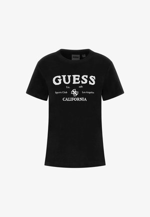 Fekete pamut póló rövid ujjakkal, fehér nyomtatott felirattal: "GUESS Est. 1981 Sportklub Los Angeles KALIFORNIA."