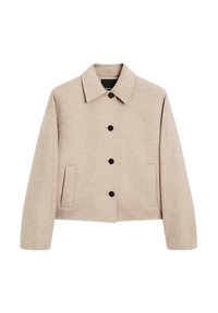 Beige wool blend jacket with a collared neckline, front button closure, two side pockets, and slightly cropped sleeves.