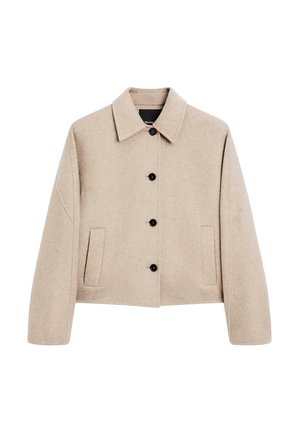 Beige Wollmischung Jacke mit kragenähnlichem Ausschnitt, vorderem Knopfverschluss, zwei seitlichen Taschen und leicht verkürzten Ärmeln.