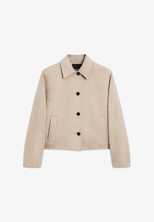 Veste en mélange de laine beige avec un col, fermeture à boutons sur le devant, deux poches latérales et manches légèrement raccourcies.
