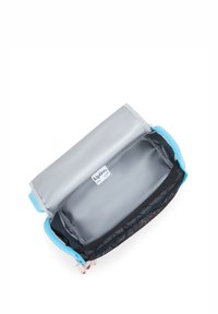 Modrý zipový pouzdro se šedým interiérem, které obsahuje síťovou kapsu a značkový štítek Kipling. Hladký materiál s pevným designem.