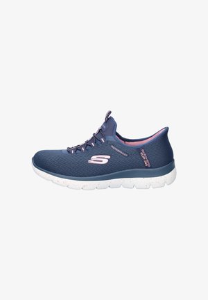Navy blue waterproof sneaker with textured upper, pink accents, and a white speckled sole. Designed for comfort with slip-on style.