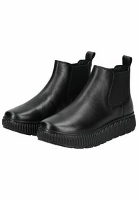 Černé kožené kotníkové boty s elastickými bočními panely, rounded toe, texturovaným povrchem a silnou černou gumovou podešví s rýhovaným detailem.