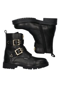 Zwarte leren enkellaarzen met gouden gespaccenten, gestructureerde afwerking, zijritssluiting en een rubberen zool met een profielpatroon.