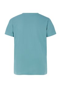 Kortärmad top i teal, tillverkad av ett slätt tyg, med rundad halsringning och kontrasterande sömmar längs ärmarna och nederdelen.