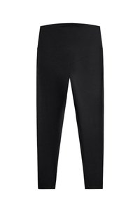 Fekete, magasított derékú leggings, elöl V-alakú varrással, sima, rugalmas anyagból, fehér háttéren laposan elhelyezve.