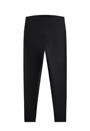 Črne legice z visokim pasom in V-oblisišnim šivom spredaj, izdelane iz gladkega, raztegljivega materiala, prikazane položene na ravni površini na belem ozadju.