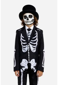 Black suit with white skeleton print, featuring a white dress shirt and tie. Black top hat completes the look. Face painted as a skull.
