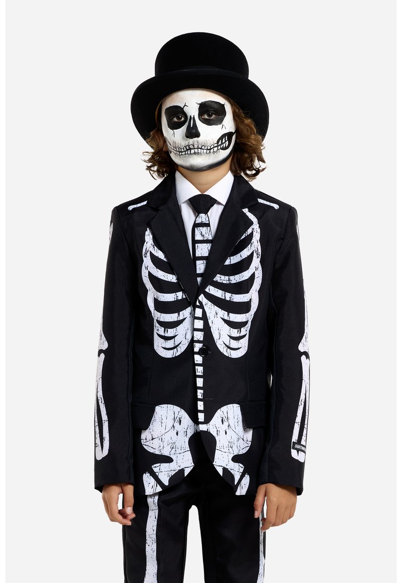 Black suit with white skeleton print, featuring a white dress shirt and tie. Black top hat completes the look. Face painted as a skull.